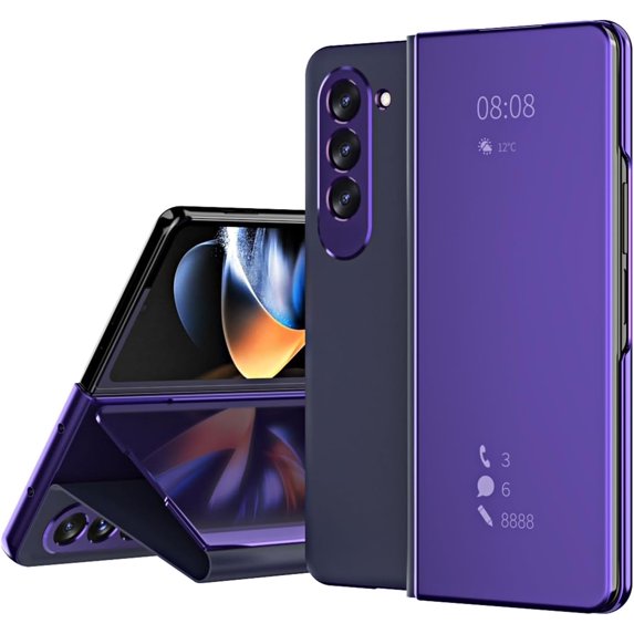 Compatible with Samsung Galaxy Z Fold 5 Mirror Case with kickstand Women,Elegant Flip Mirror PU Leather Hybrid Bumper Protective Clear Phone Case for Leather Samsung Galaxy Z Fold 5 Cases Purple