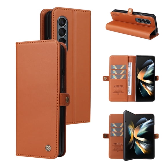 Compatible With Samsung Galaxy Z Fold 5 Phone Case Synthetic Leather Snapper Blocking Card Pockets Kickstand Shockproof Anti-Fingerprint Lightweight Luxury Phone Cover,Brown