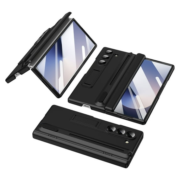 Compatible with Samsung Galaxy Z Fold 5 Phone Case,With Retractable Kickstand, S Pen Holder, Hinge Protection, and Screen Protector(Tempered Film),Shockproof Rugged Cover With Stylus,Black