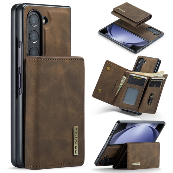 Compatible with Samsung Galaxy Z Fold 5 Removable 2 in 1 Wallet Case,Retro Premium PU Leather Cell Phone Back Cover Magnetic Detachable Trifold Wallet Credit Card Cash Holder Kickstand Case,Coffee