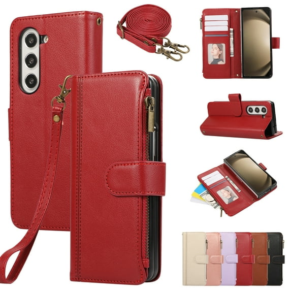 Compatible with Samsung Galaxy Z Fold 5 Wallet Case and Wrist Strap Protector PU Leather Flip Credit Card Holder Purse Stand Cell Accessories Shockproof Phone Cover for Women Men,Red