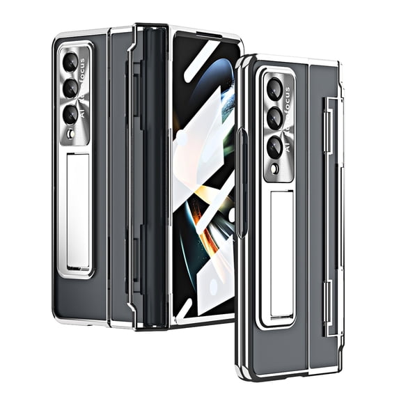 Compatible with Samsung Galaxy Z Fold 6 5G Case with Hinge Protection, Clear Luxury Plating Transparent Cover Screen Protector Stand Case for Samsung Galaxy Z Fold 6 Phone Case - Silver