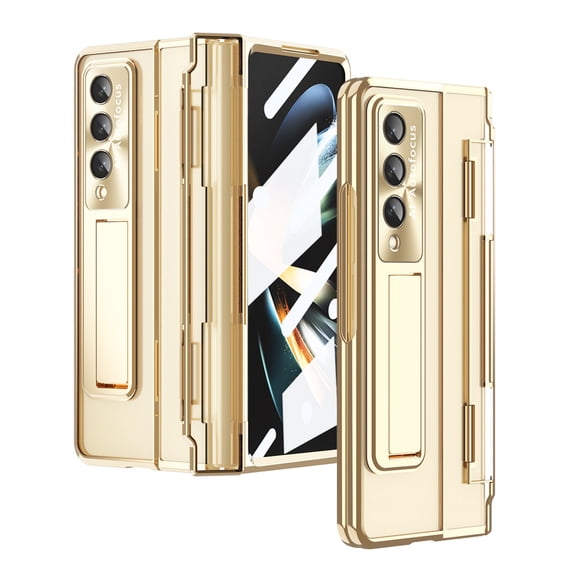 Compatible with Samsung Galaxy Z Fold 6 5G Case with Hinge Protection, Clear Luxury Plating Transparent Cover Screen Protector Stand Case for Samsung Galaxy Z Fold 6 Phone Case - Gold
