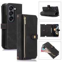 Compatible with Samsung Galaxy Z Fold 6 5G Wallet Case, 2 in 1 Magnetic Wallet Case with Card Holder, Zipper, PU Leather Flip Cover Case with Detachable Long Shoulder Strap,Card Slots, Black
