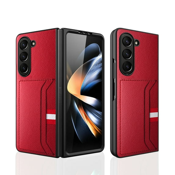 Compatible with Samsung Galaxy Z Fold 6 Case with Card Holder & Screen Protector,Storage Cover Credit Card Slot Wallet Case,Full Body PU Leather Lichee Pattern Shockproof Phone Case,Red