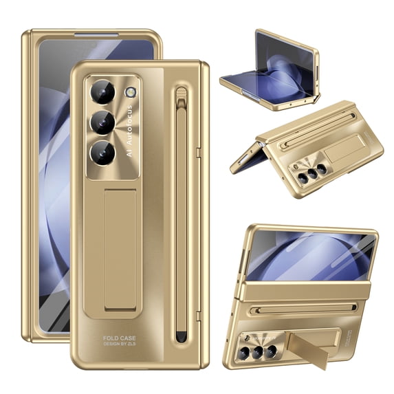 Compatible with Samsung Galaxy Z Fold 6 Case with S Pen & S Pen Holder & Kickstand, 2 in 1 Clear Protective Screen Protector Phone Case for Galaxy Z Fold 6 Case with Hinge Protection, Gold