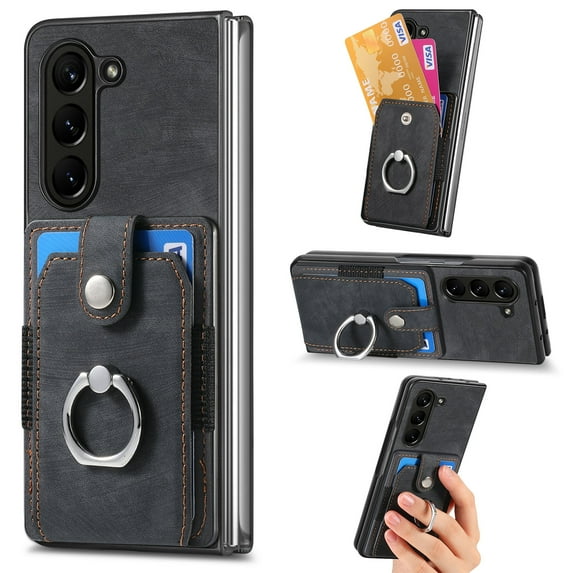 Compatible with Samsung Galaxy Z Fold 6 Case Wallet with Card Holder, 360°Rotation Finger Ring Holder Kickstand Protective Premium PU Leather Back Flip Magnetic Clasp Shockproof Cover,Black
