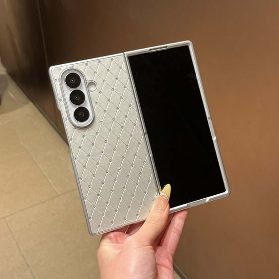 Compatible with Samsung Galaxy Z Fold 6 Phone Case,Argyle Pattern Back Design,Luxury Bling Diamond Glitter,Silver Bumper Ultra Slim Anti-Scratch Shockproof Rugged Thin Fit Phone Case,Silver