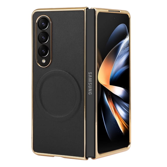 Compatible With Samsung Galaxy Z Fold 6 Phone Case,Luxurious Electroplated Frame Design,PU Leather Ultra Slim Shockproof Rugged Anti-fall Magnetic Hard PC Phone Case Cover,Black