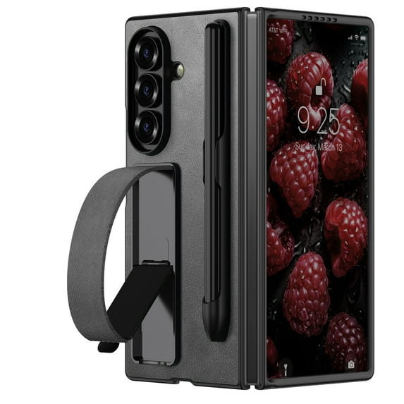 Compatible with Samsung Galaxy Z Fold 6 Phone Case,With Contractile WristBand Kickstand,Pen Holder,With Stylus,PU Leather Shockproof Anti-Scratch Slim Rugged Durable Phone Case,Gray