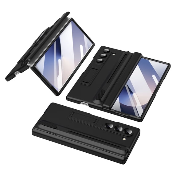 Compatible with Samsung Galaxy Z Fold 6 Phone Case,With Retractable Kickstand, S Pen Holder, Hinge Protection, and Screen Protector(Tempered Film),Shockproof Rugged Cover With Stylus,Black