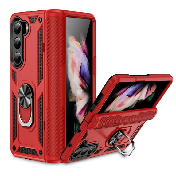 Compatible with Samsung Galaxy Z Fold 6 Protective Case,Heavy Duty Shockproof Armor Phone Case with 360° Rotating Metal Ring Holder Kickstand Military Grade Protection Rugged Cover,Red