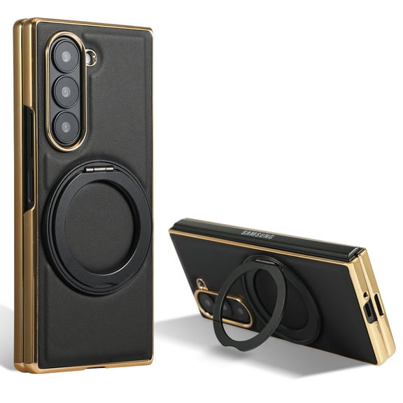 Compatible with Samsung Galaxy Z Fold 6, Rotating Magnetic Stand Ring Holder Shockproof Slim Cell Cover Protective, PU Leather Magsafe Plating Phone Cover Case for Samsung Galaxy Z Fold 6 -  Black