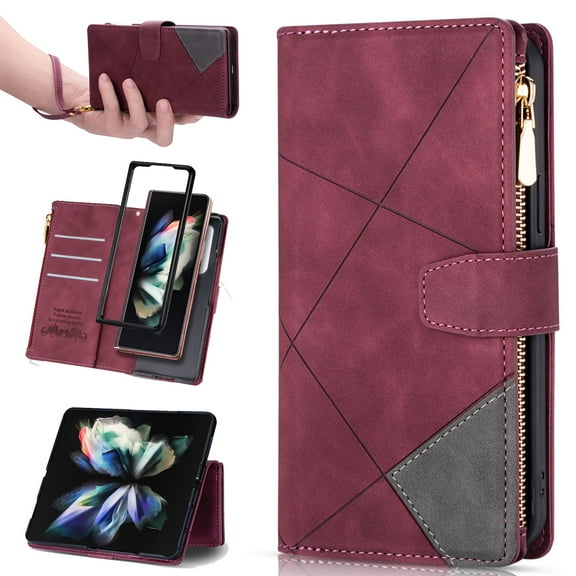 Compatible for Samsung Galaxy Z Fold 6 Zipper Wallet Case with [Credit Card Slots] [Zipper Pocket] Kickstand, Premium PU Leather Flip Cover with [Magnetic Clasp] Shockproof Case, Winered