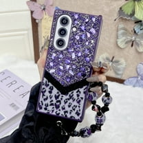 Compatible for Samsung Galaxy Z Fold 7 Case with Beaded Wrist Strap, Fluffy Leopard Print Pattern with Bling Design Case for Women Girls Hard PC Drop Protection Cover for Galaxy Z Fold 7, Purple