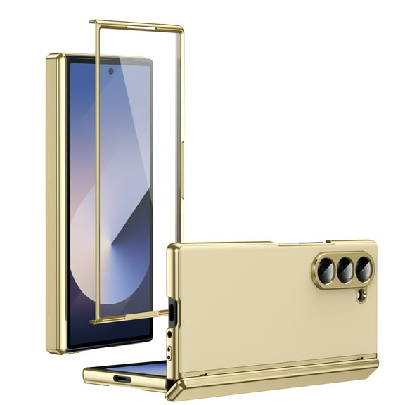 Compatible with Samsung Galaxy Z Fold 7 Case with Glass Front Film & Auto Rebound Hinge Protection, Frosted Electroplating Protective Cover Case Non-Fingerprint Cases for Z Fold 7 - Gold