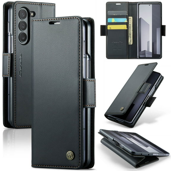 Compatible with Samsung Galaxy Z Fold 7 Flip Wallet Case,With RFID Blocking Card Slots,PU Leather Flip Folding Kickstand,Magnetic Closure Shockproof Rugged Durable Phone Case,Black