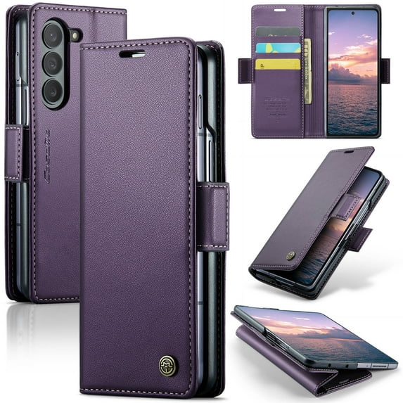 Compatible with Samsung Galaxy Z Fold 7 Flip Wallet Case,With RFID Blocking Card Slots,PU Leather Flip Folding Kickstand,Magnetic Closure Shockproof Rugged Durable Phone Case,Purple