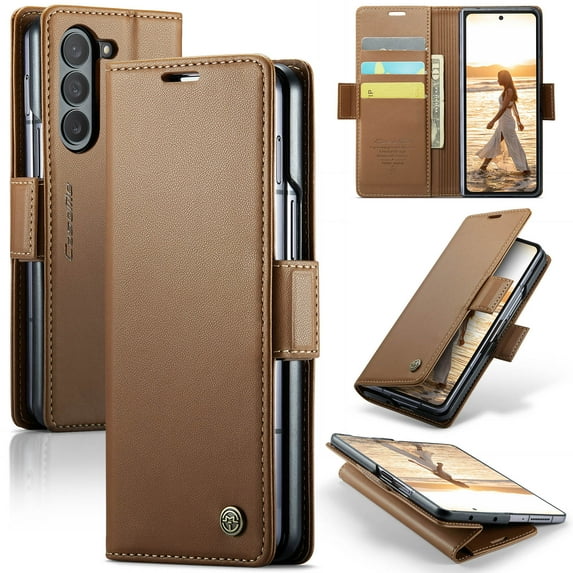 Compatible with Samsung Galaxy Z Fold 7 Flip Wallet Case,With RFID Blocking Card Slots,PU Leather Flip Folding Kickstand,Magnetic Closure Shockproof Rugged Durable Phone Case,Brown