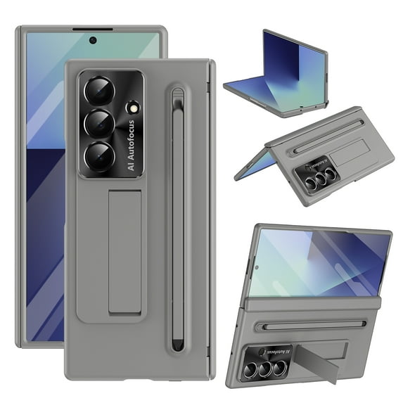 Compatible with Samsung Galaxy Z Fold 7 Phone Case,Built-in Screen Protector,With Stylus,Contractile Kickstand,Hinge Protector,Shockproof Thin Fit Rugged Durable Phone Case,Gray