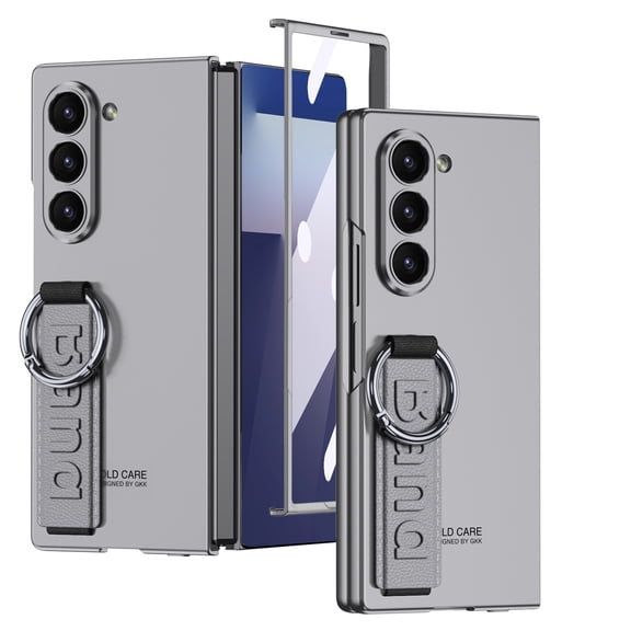 Compatible with Samsung Galaxy Z Fold 7 Phone Case,Built-in Tempered Glass Screen Protector,With Ring Holder,Contractile WristBand,Shockproof Ultra Slim Rugged Phone Case,Gray