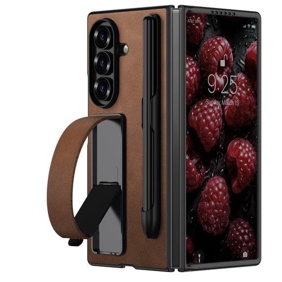 Compatible with Samsung Galaxy Z Fold 7 Phone Case,With Contractile WristBand Kickstand,Pen Holder,With Stylus,PU Leather Shockproof Anti-Scratch Slim Rugged Durable Phone Case,Brown