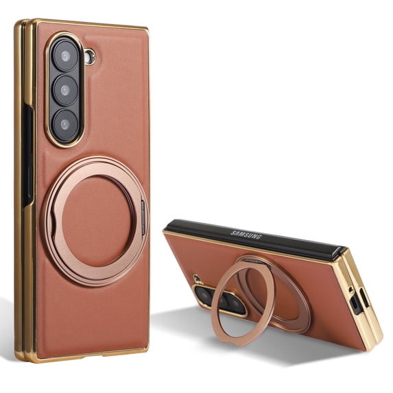 Compatible with Samsung Galaxy Z Fold 7, Rotating Magnetic Stand Ring Holder Shockproof Slim Cell Cover Protective, PU Leather Magsafe Plating Phone Cover Case for Samsung Galaxy Z Fold 7 - Brown