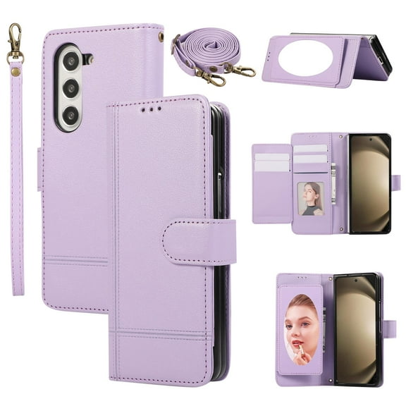 Compatible with Samsung Galaxy Z Fold 7 Wallet Case, with Wrist Strap and Crossbody Strap, Make-up Mirror PU Leather Flip Credit Cell Cover Kickstand for Samsung Galaxy Z Fold 7 Girls Women, Purple