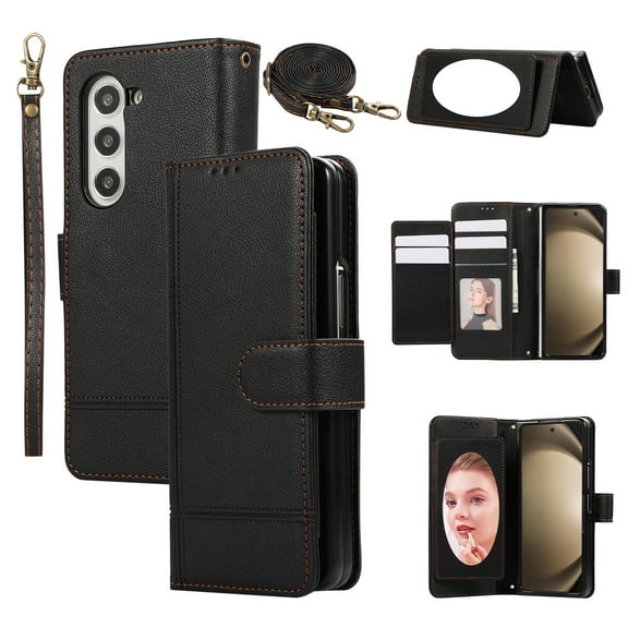 Compatible with Samsung Galaxy Z Fold 7 Wallet Case, with Wrist Strap and Crossbody Strap, Make-up Mirror PU Leather Flip Credit Cell Cover Kickstand for Samsung Galaxy Z Fold 7 Girls Women, Black