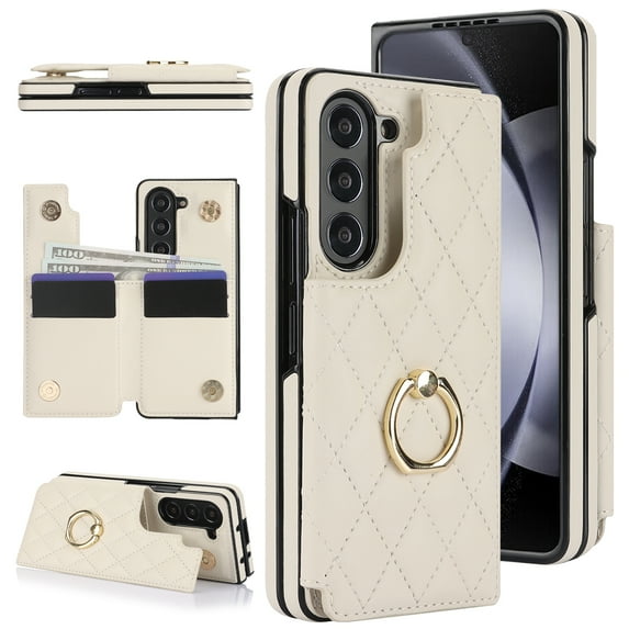Compatible with Samsung Galaxy Z Fold7 Wallet Case,With Rotatable Ring Holder,Card Slots,with Magnetic Clasp Back Flip Kickstand,Heavy Duty Rugged PU Leather Shockproof Phone Case,White