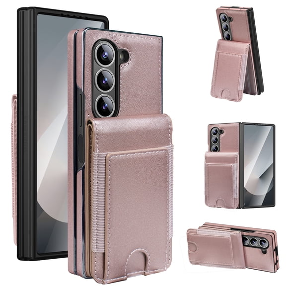 Compatible with Samsung Galaxy Z Fold7 Wallet Phone Case,Built-in Tempered Glass Screen Protector,With Card Holder,Back Flip Kickstand,PU Leather Shockproof Rugged Phone Case,Rosegold