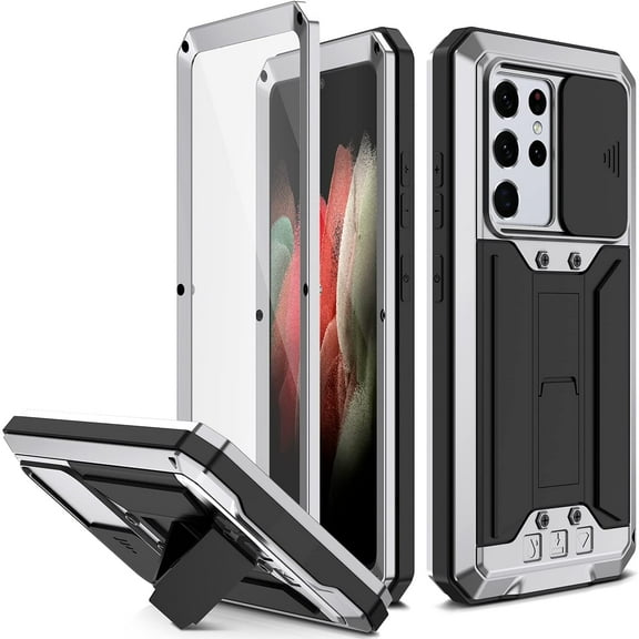 Compatible with Samsung Galaxy s21 Ultra Case 6.8 inch Metal Silicone [Note The Fingerprints Don't Work.] Heavy Duty Protection Glass Cover Shockproof with Built in Screen Protector (Silver)