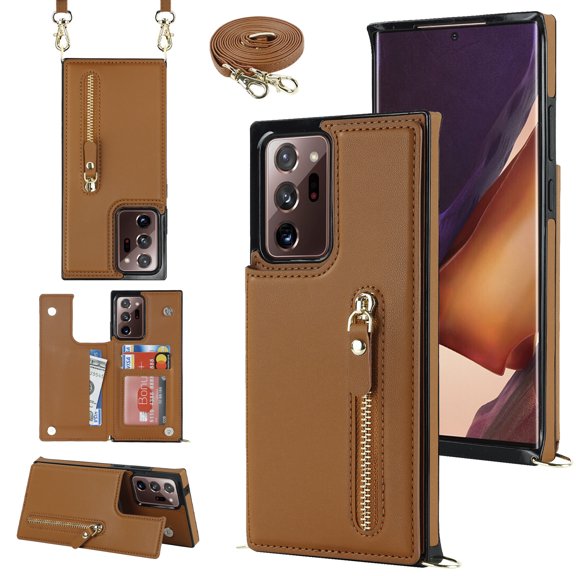 Compatible with Samsung Note 20 Ultra Case, Crossbody Wallet Case, Adjustable Detachable Lanyard Neck Strap with Kickstand Leather Card Holder Protective Cover for Galaxy Note 20 Ultra,Brown