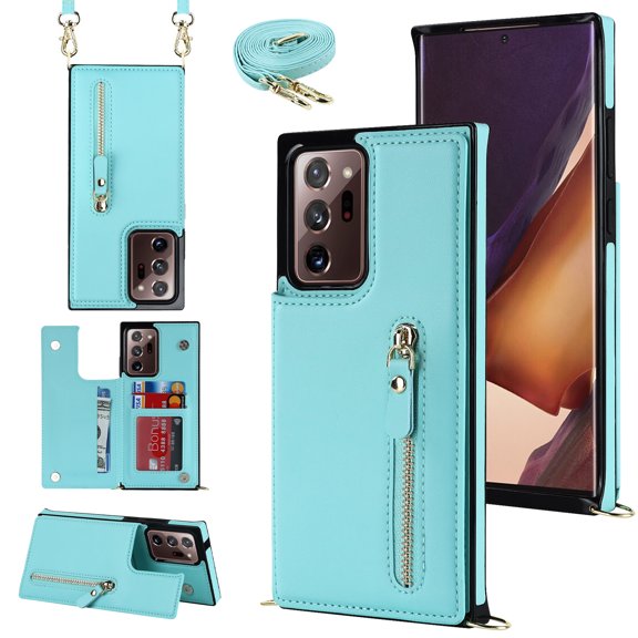 Compatible with Samsung Note 20 Ultra Case, Crossbody Wallet Case, Adjustable Detachable Lanyard Neck Strap with Kickstand Leather Card Holder Protective Cover for Galaxy Note 20 Ultra,Green