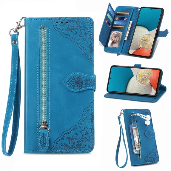 Compatible for Samsung OnePlus 11 Wallet Case for Women Girls with Card Holder - Retro Embossed Flower Zipper Wallet PU Leather Flip Cover with Detachable Wrist Hand Strap for OnePlus 11, Blue