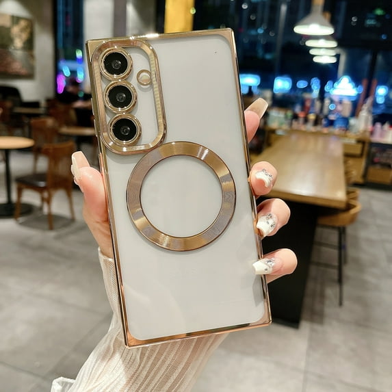 Compatible with Samsung S22 Magnetic Clear Case, Luxury Plating Bling Transplant Shockproof MagSafe Case with Full Camera Lens Protector for Galaxy S22 Women Girl Men Elegant - Gold