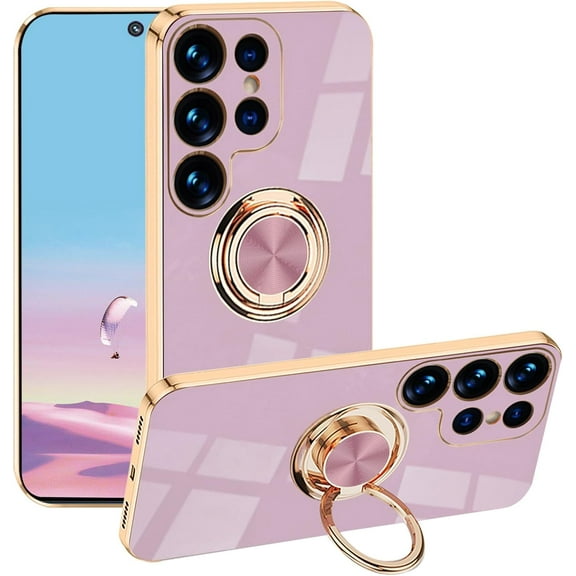 Compatible with Samsung S23 Ultra Case with Ring Holder Magnet Silicone, Phone Case Samsung Galaxy S23 Ultra Case Silicone Thin White Cover Black 360° Rotatable Metal Kickstand (Purple)