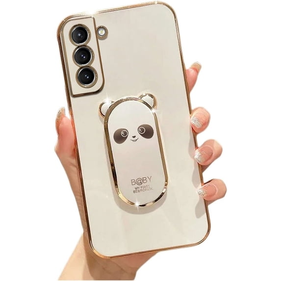 Compatible with Samsung S23 Ultra Cute 6D Panda Stand Phone Case TPU Thin Shockproof Case for Samsung Galaxy S22 Ultra S10 S23 Plus S20 S21 FE 5G Back Cover(White,Samsung S21 Plus)