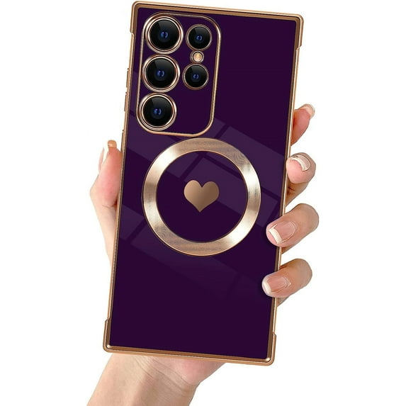 Compatible with Samsung S23 Ultra Magnetic Case for Women Girls,Light Luxury Cute Love Heart MagSafe Plating Electroplated Bling Case Raised Full Camera Lens Protection Phone Case-Deep Purple