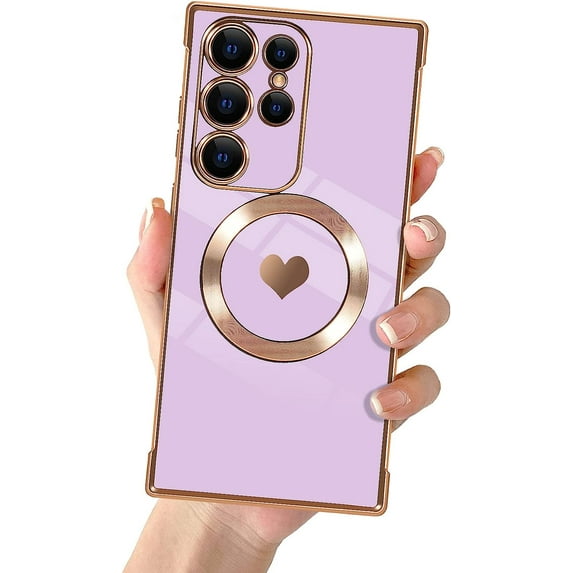 Compatible with Samsung S23 Ultra Magnetic Case for Women Girls,Light Luxury Cute Love Heart MagSafe Plating Electroplated Bling Case Raised Full Camera Lens Protection Phone Case-Purple