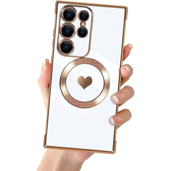 Compatible with Samsung S23 Ultra Magnetic Case for Women Girls,Light Luxury Cute Love Heart MagSafe Plating Electroplated Bling Case Raised Full Camera Lens Protection Phone Case-White