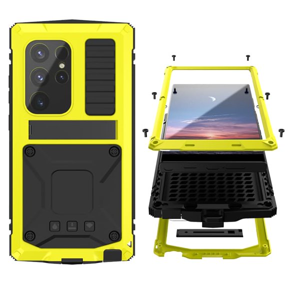Compatible with Samsung S24 Metal Bumper Silicone Case with Stand Built-in Screen Protector Gorilla Glass Hybrid Durable Military Shockproof Heavy Duty Rugged Full Body Camera Cover