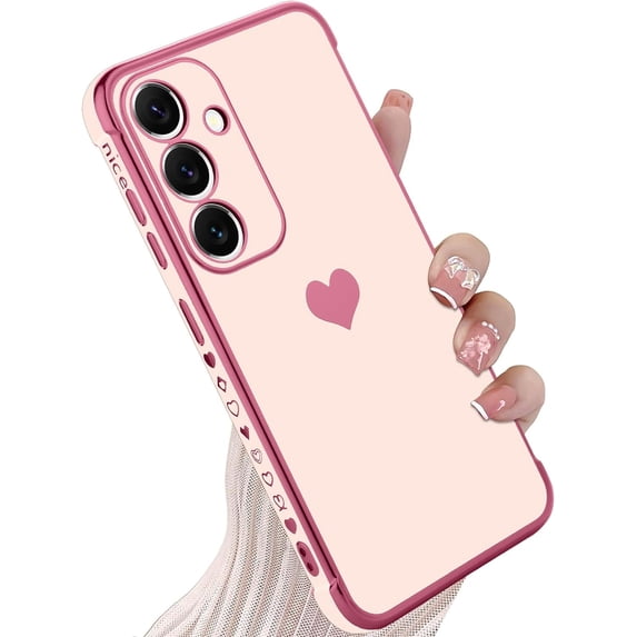 Compatible with Samsung S24 Plus 5G Case for Women Girl, Plating Edge Cute Love Heart Soft TPU Bumper with 4 Corners Shockproof Protection Phone Case Cover for Galaxy S24 Plus 5G(Pink)
