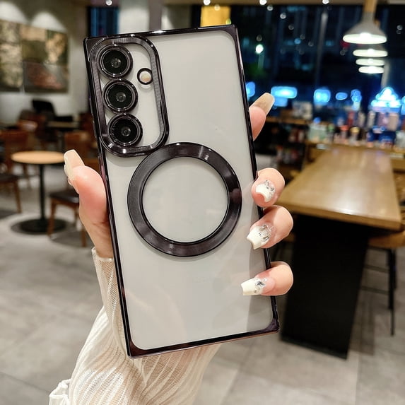 Compatible with Samsung S24 Plus Magnetic Clear Case, Luxury Plating Bling Transplant Shockproof MagSafe Case with Full Camera Lens Protector for Galaxy S24 Plus Women Girl Men Elegant - Black