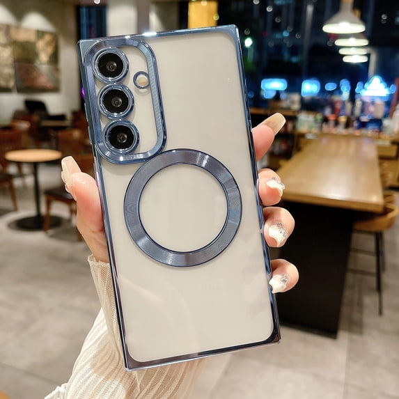 Compatible with Samsung S24 Plus Magnetic Clear Case, Luxury Plating Bling Transplant Shockproof MagSafe Case with Full Camera Lens Protector for Galaxy S24 Plus Women Girl Men Elegant - Blue