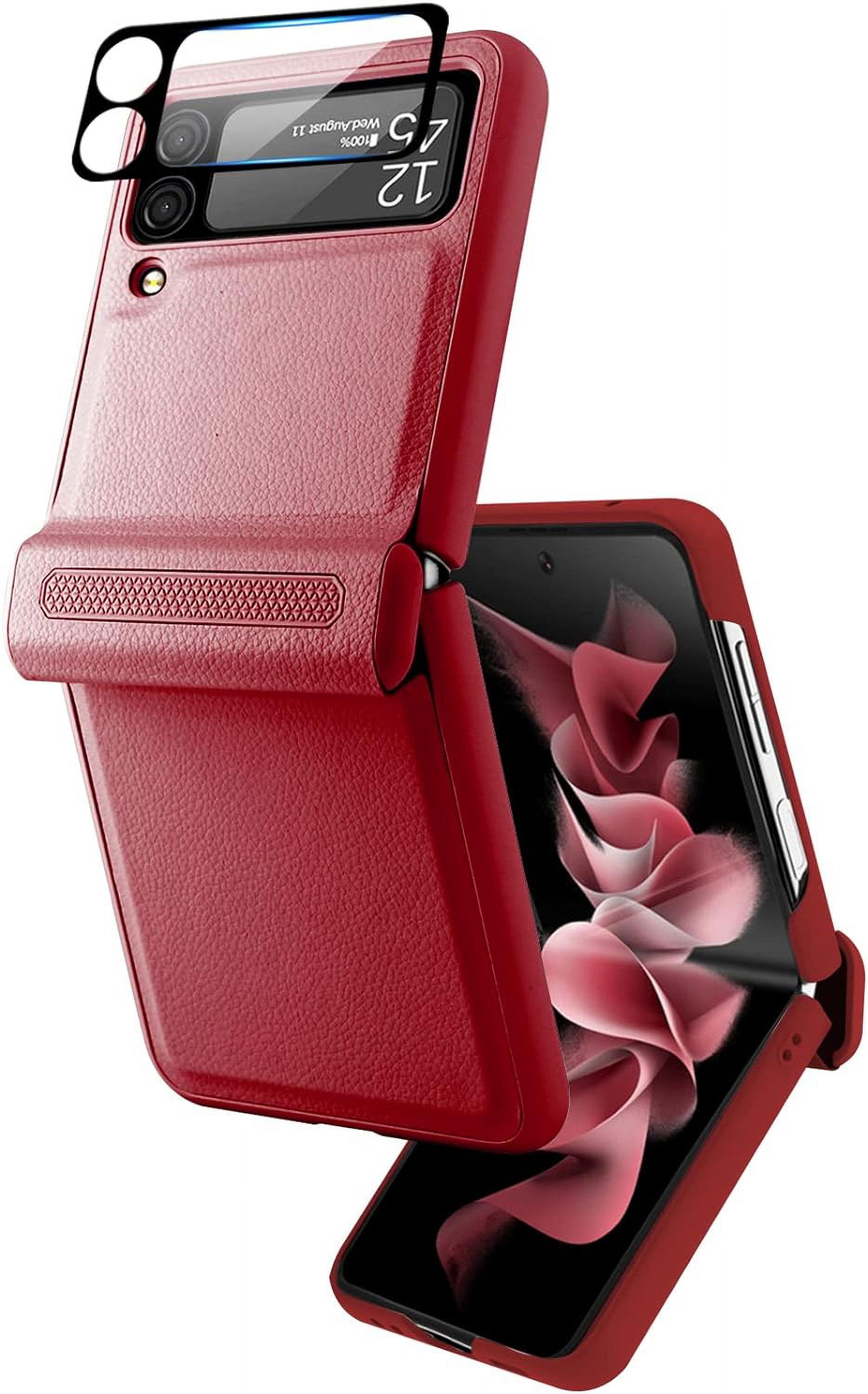 Compatible Samsung Z Flip 3 5G Case with Hinge Protection Screen Protector,All Around Protection Ultra Thin PU Leather+PC Case Galaxy Z Flip 3 Case for Samsung Flip 3 Phone Case Cute– Red