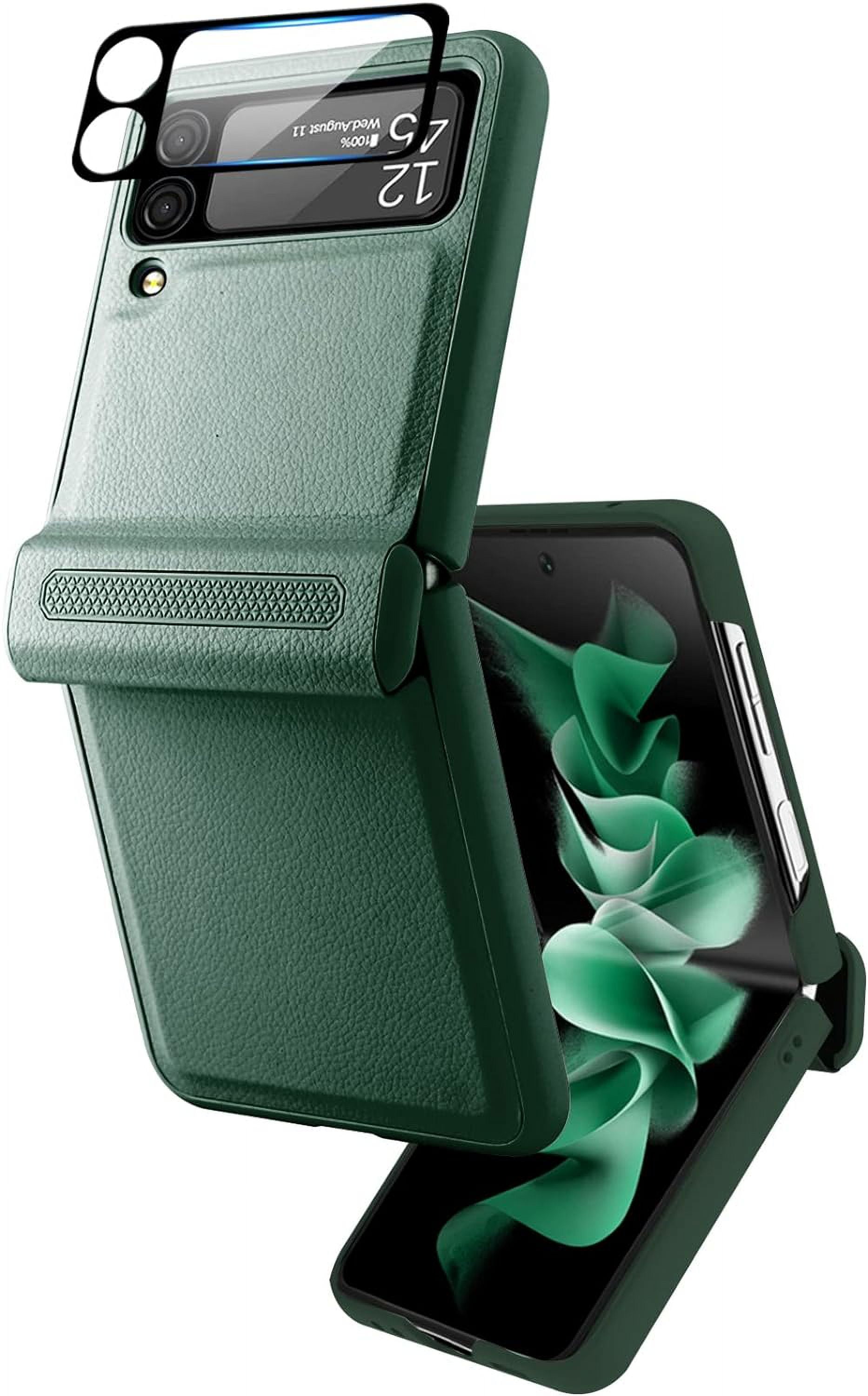 Compatible Samsung Z Flip 3 5G Case with Hinge Protection Screen Protector,All Around Protection Ultra Thin PU Leather+PC Case Galaxy Z Flip 3 Case for Samsung Flip 3 Phone Case Cute– Green