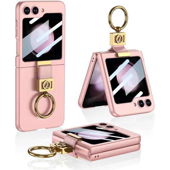 Compatible Samsung Z Flip 5 Case with Ring Stand, Ultra-Thin Cover Built-in Camera Lens Screen Protector Shockproof Phone Case for Samsung Galaxy Z Flip 5 Case, Pink