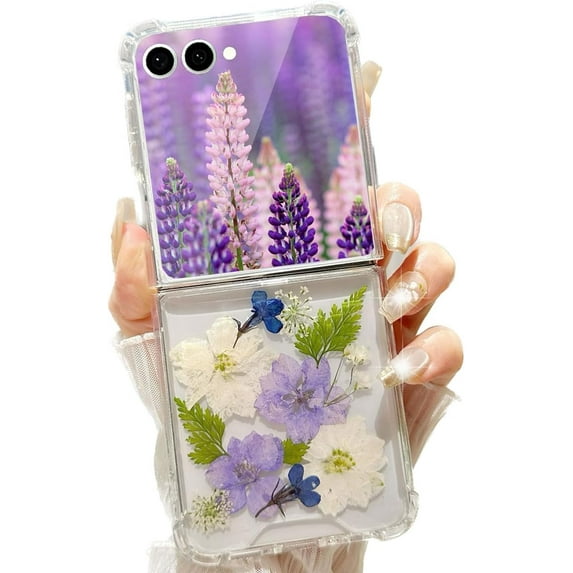 Compatible with Samsung Z Flip 7 Case Cute Pressed Dried Real Flowers Design Women Girls Shockproof Protective Hard PC Glitter Bling Floral Clear Phone Cover for Galaxy Z Flip 7,Purple