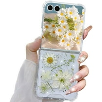 Compatible with Samsung Z Flip 7 Case Cute Pressed Dried Real Flowers Design Women Girly Shockproof Protective Hard PC Glitter Bling Floral Clear Phone Cover for Galaxy Z Flip 7,White